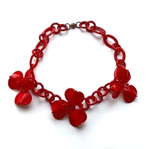 ANTIQUE Cherry Red Celluloid Chunky Chain Link Necklace w 3 Heart Petal Flowers